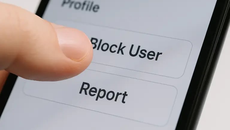 Dedo toca botão "Bloquear Usuário" em app, simbolizando proteção contra cyberbullying.