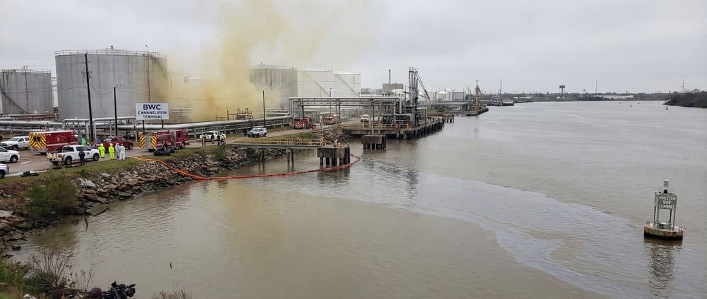 Yellow smoke rises from a chemical spill at the BWC Channelview Terminal on the Houston Ship Channel.