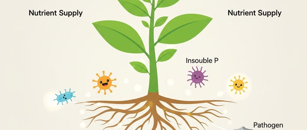 Create an infographic-style illustration showing the symbiotic relationship between a plant and beneficial soil microbes (PGP