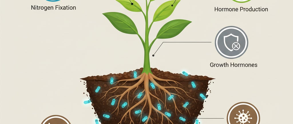 Conceptual illustration of a healthy plant root system in soil. Show tiny, glowing bacteria (Azotobacter) surrounding the roo