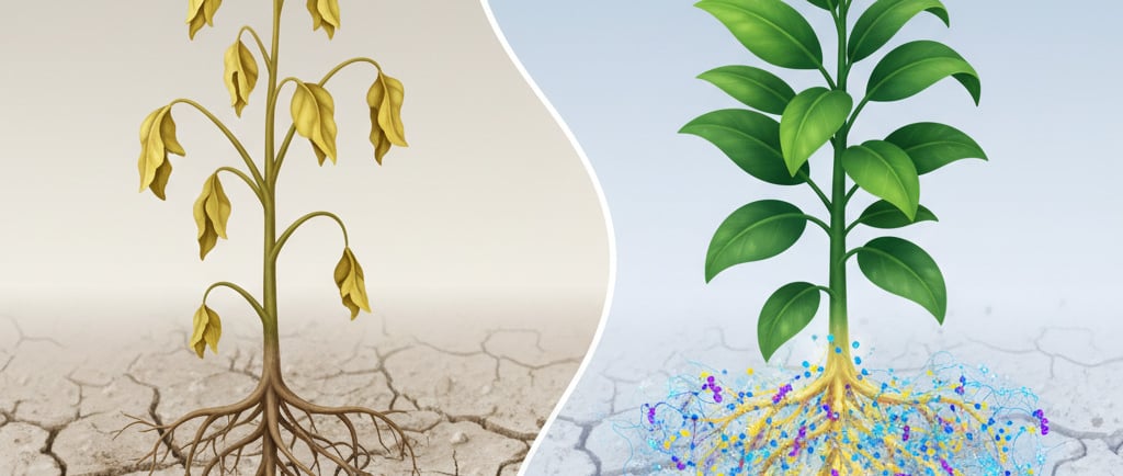 Create a conceptual illustration showing a plant's resilience to soil salinization. On one side of the image, show a wilting