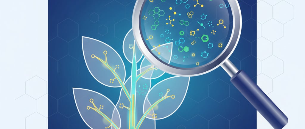 Conceptual illustration: A stylized plant with its internal pathways glowing. A magnifying glass (representing