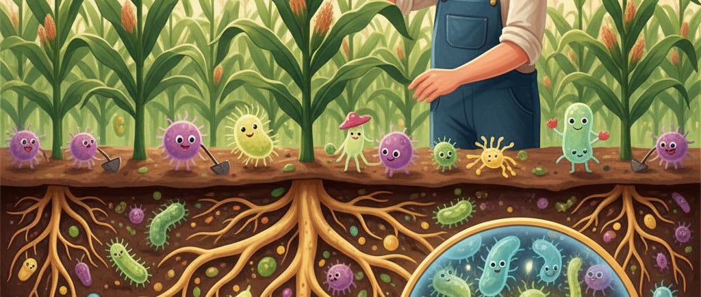 Digital art: A farmer tending to a crop. Below the ground, show a magnified, glowing view of the root system bustling