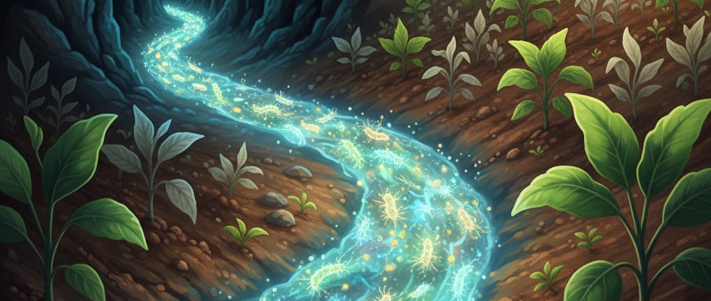 Conceptual illustration of a cave opening, with glowing, microscopic actinomycetes bacteria emerging. The bacteria 