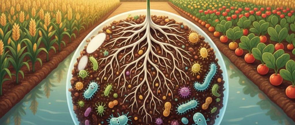 Stylized artwork: A hand holding a plant seedling with thriving roots, emerging from a globe made of healthy soil teeming