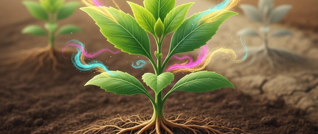 Conceptual illustration of sustainable agriculture: A healthy, vibrant plant is growing in rich soil. From the soil and