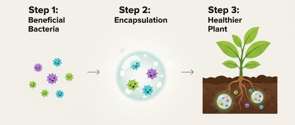 Conceptual infographic: Show a process in three steps. Step 1: Tiny, friendly microbe icons (representing PGPB).