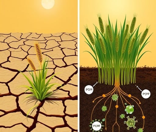 Split illustration: Left side shows wilting barley plants in cracked, dry soil under a harsh sun. Ri