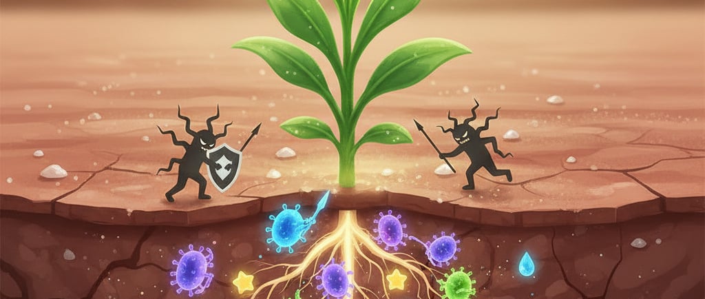Conceptual illustration of a thriving crop plant in a slightly salty, cracked-earth environment. 