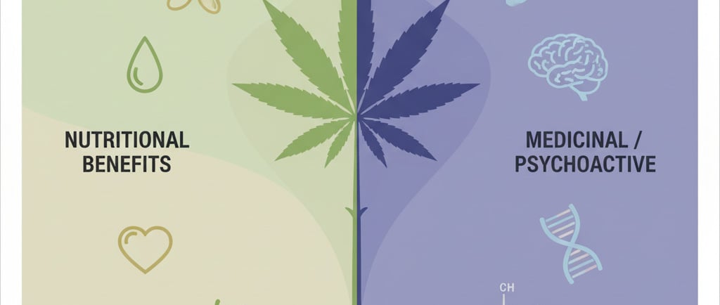 Conceptual illustration showing the duality of the Cannabis sativa plant. On one side, represent its nutritional