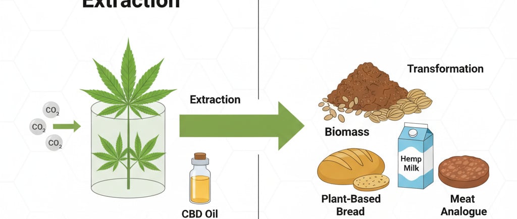 Create a conceptual infographic diagram showing a two-part process. On the left, depict a 'Supercritical CO₂
