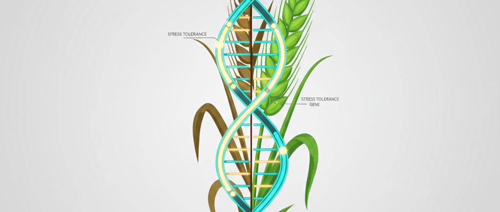 Conceptual illustration: A stylized wheat plant, half of it is healthy and green, the other half is stressed (wilted,
