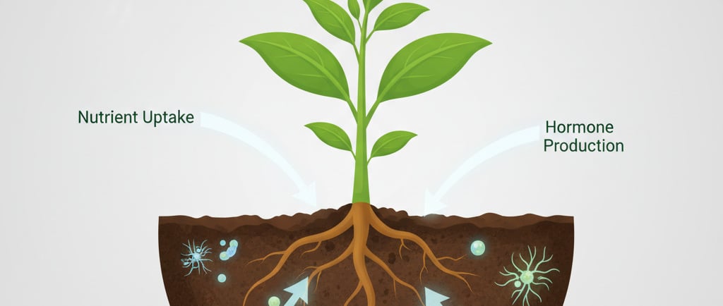 Create an infographic-style illustration showing a healthy crop plant. From the soil, show beneficial microbes 