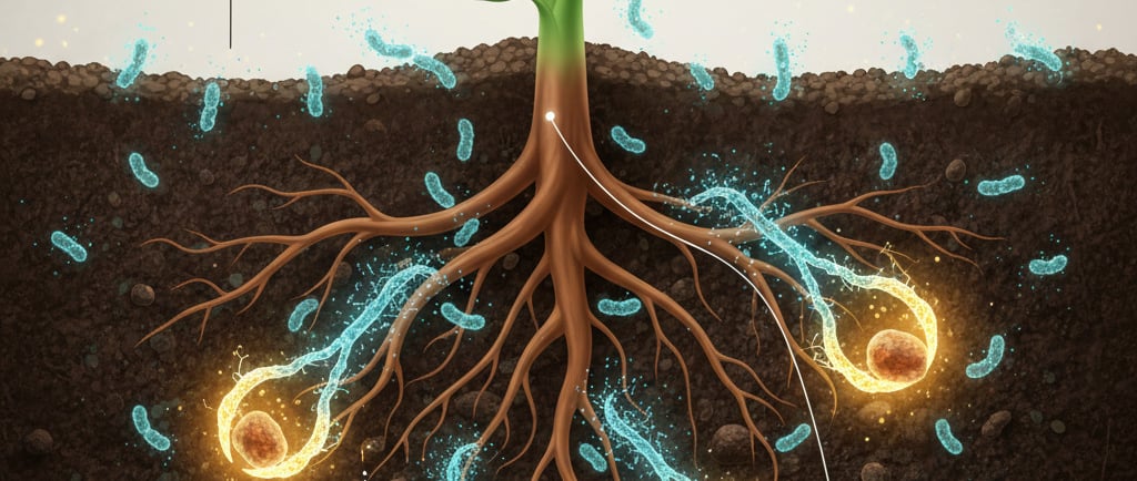 Create a conceptual illustration of a plant's root system in the soil. 