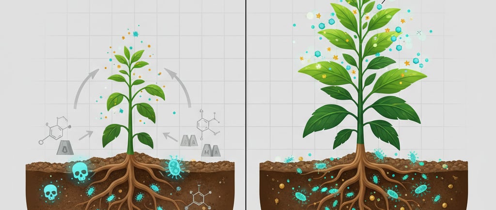 Create a conceptual illustration showing the dual role of beneficial microbes for a medicinal plant. 