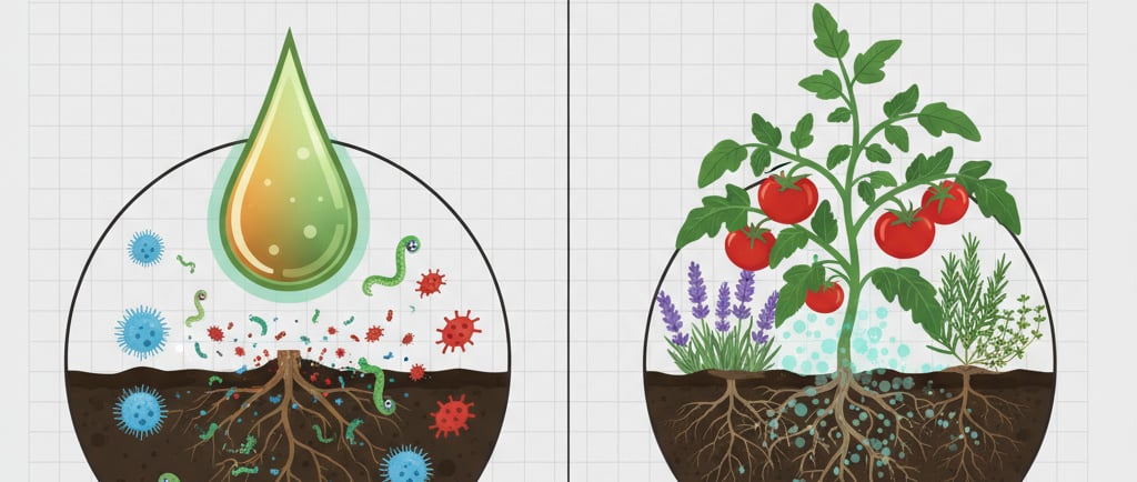 Create a conceptual illustration showing the two main ideas of plant-based biocontrol. 