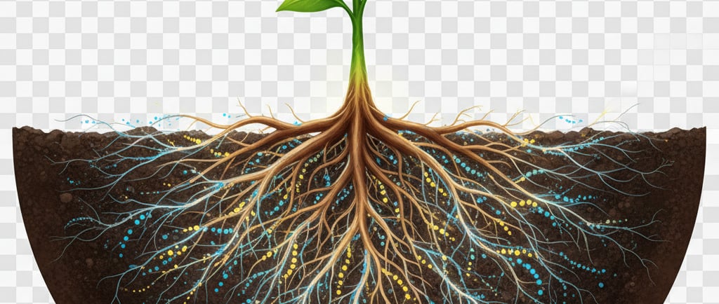 Conceptual illustration: A single healthy plant with a vibrant, glowing root system. 