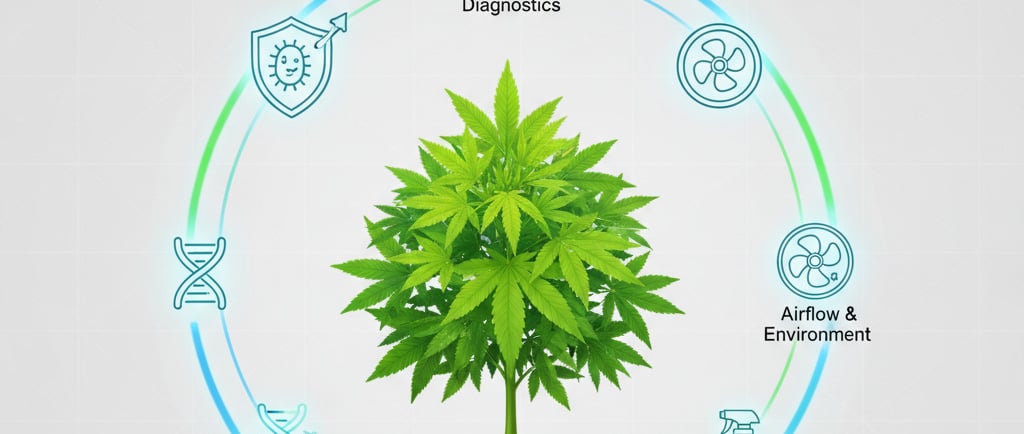 Create an infographic-style illustration for an article about Integrated Disease Management (IDM) in cannabis. 