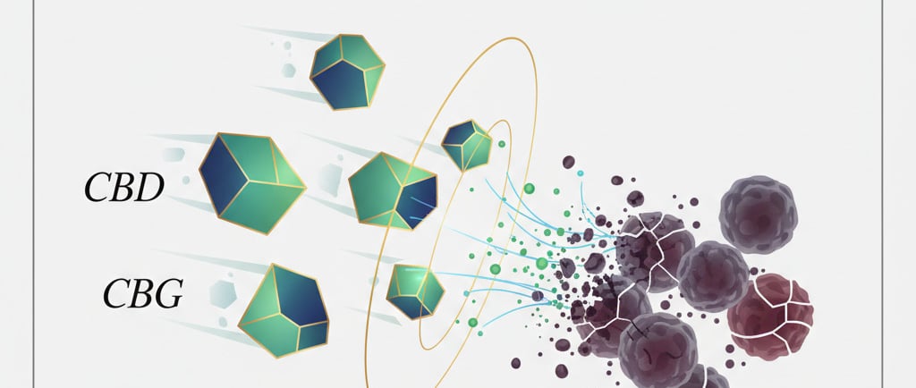 Create a conceptual illustration showing cannabis-derived molecules (like CBD, CBG) attacking and destro