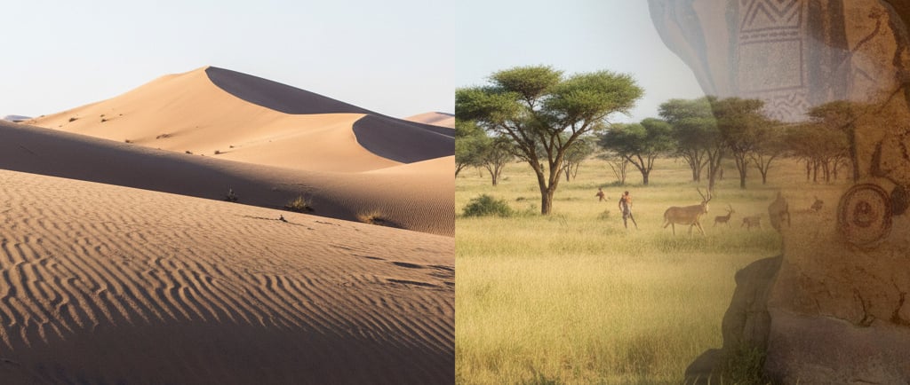 Modern Sahara: A stark, hyper-realistic split-screen image. One side shows a vast, sun-scorched sand dune landscape