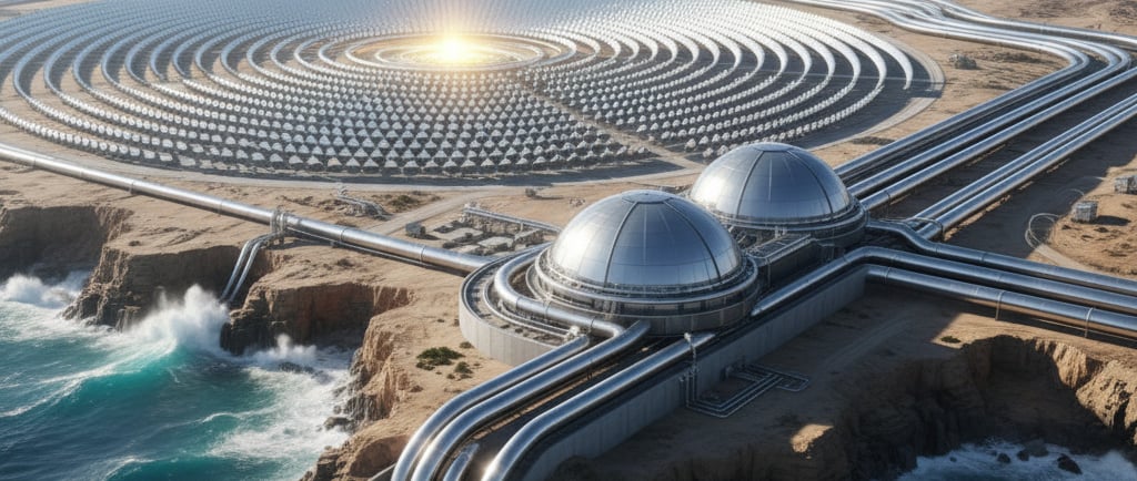 Mega-Scale Desalination: A massive, futuristic reverse osmosis desalination plant on a coastline, integrated with