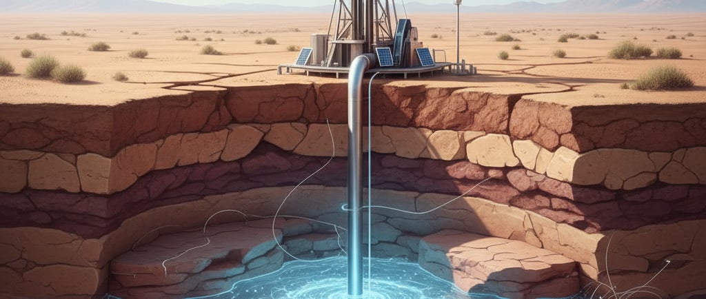 Reviving Aquifers: A cutaway view of the earth, showing a vast, deep sandstone aquifer layer glowing with blue water.