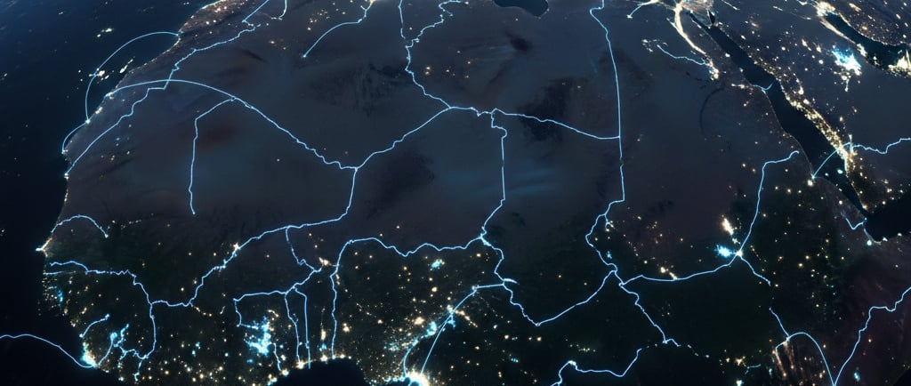 The Water Grid: An orbital view of North Africa, showing glowing blue lines (pipelines) originating from the coast and