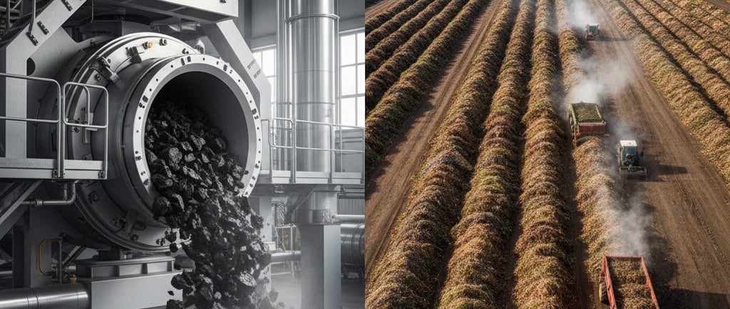 Biochar and Compost: A split-screen image. On the left, a high-tech pyrolysis reactor converting dry biomass into