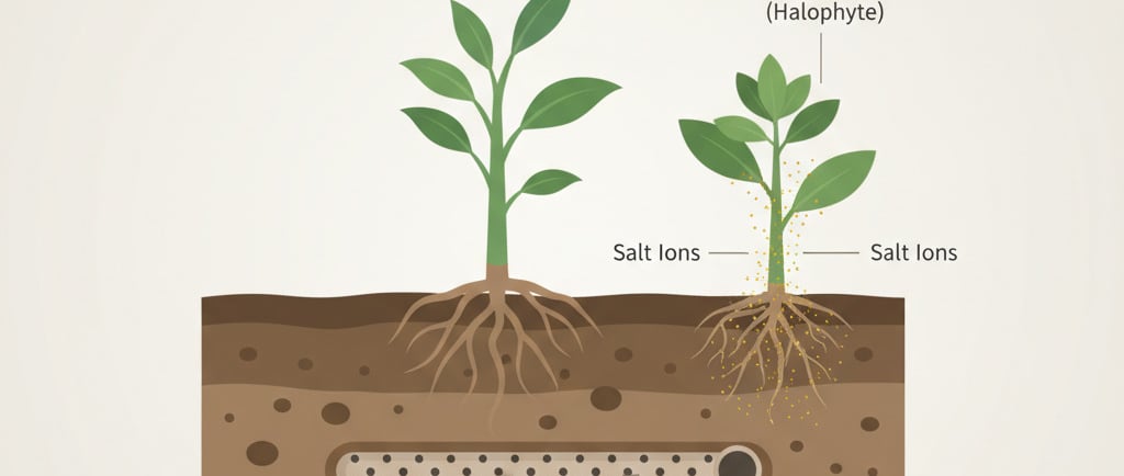 Salinity Management: A diagram showing a plant root in the soil. Arrows show clean irrigation water entering
