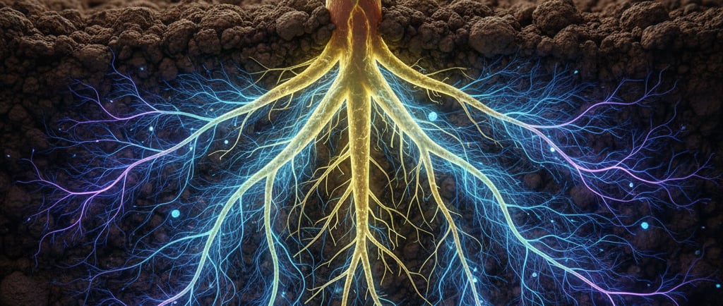 Mycorrhizal Inoculation: A highly stylized, beautiful illustration of a plant's root system. The roots are glowing 