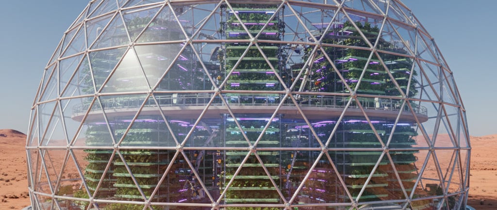 A massive, geodesic biodome structure standing in the middle of the desert. Inside, visible through