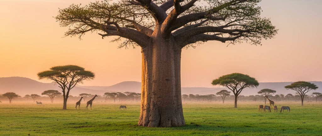A vibrant savanna scene with a majestic, mature Baobab tree at its center. Scattered Acacia trees and a low carpet of