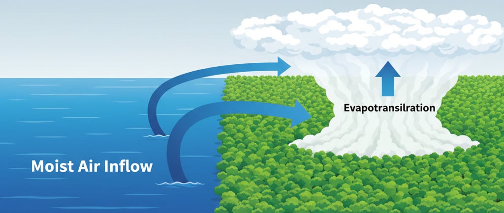 A conceptual diagram. A vast forest is shown releasing a massive plume of water vapor, which forms a thick cloud layer. 