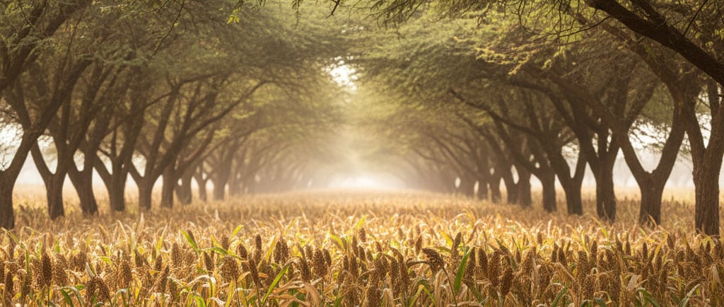 A view looking down an "alley" between two rows of feathery Acacia trees. In the sunny alley, a healthy crop of 