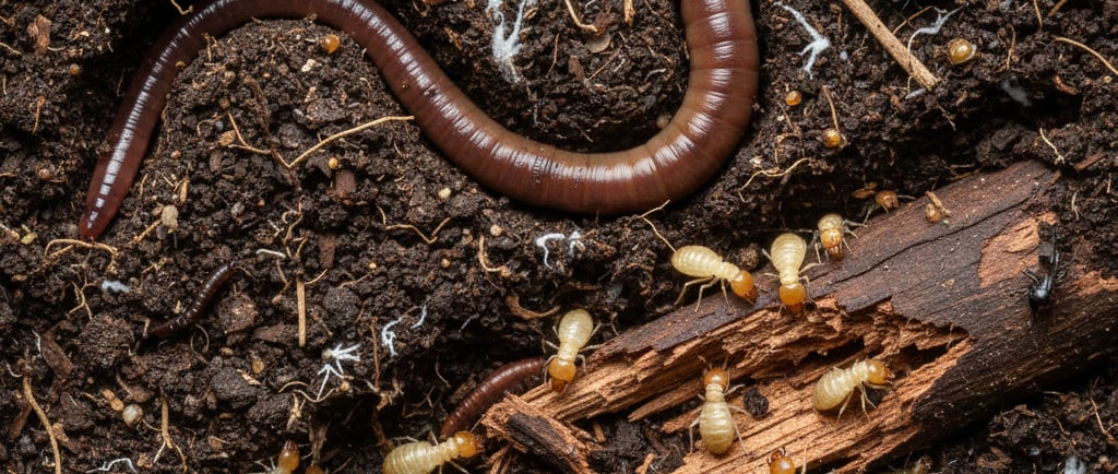 A soil cross-section teeming with life. An earthworm is shown creating a burrow, while termites are visible breaking 