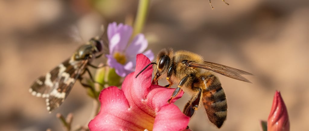 A close-up, vibrant image of a native African bee pollinating the flower of a newly established desert shrub.