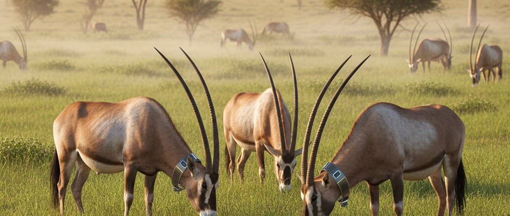 A small herd of Scimitar-horned Oryx with their long, curved horns, grazing peacefully in a new Saharan savanna