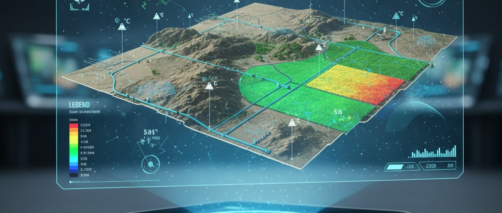 A futuristic, holographic interface showing a 3D map of a Saharan agricultural zone. Overlayed are data points 