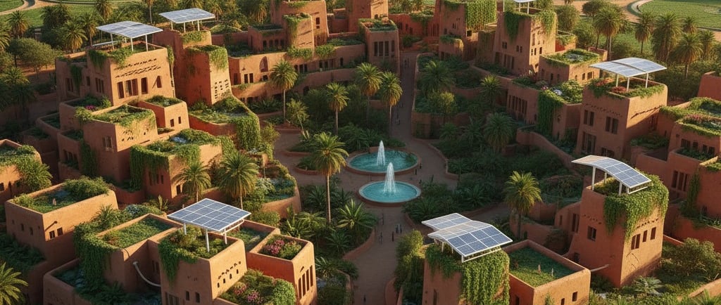 An architectural concept image of a beautiful, futuristic "Oasis City" in the Sahara. The buildings are made of reddish 