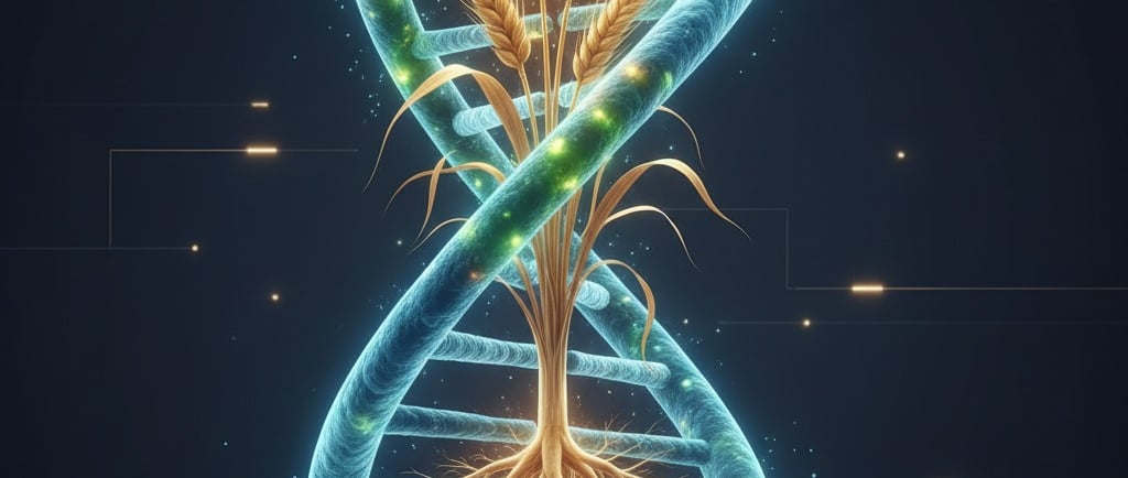 A stylized, glowing DNA double helix. Superimposed or intertwined with the helix are images of a plant root system 