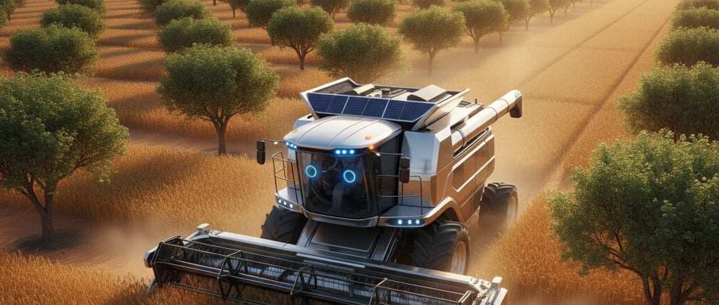 A wide, optimistic shot of a futuristic, autonomous harvesting machine moving through a field of golden millet in a 