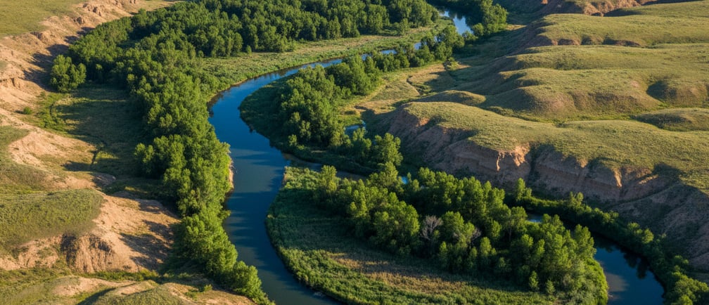 Emergence of Rivers: A breathtaking aerial view of a newly formed, meandering river with lush, green riparian forests 