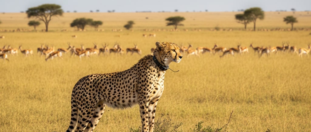 Predator Reintroduction: A sleek cheetah, wearing a small GPS collar, standing alert on a small rise, surveying a vast 