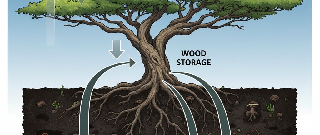 The Carbon Sink: A powerful visual diagram. On one side, CO2 is shown being drawn from the atmosphere into the leaves 