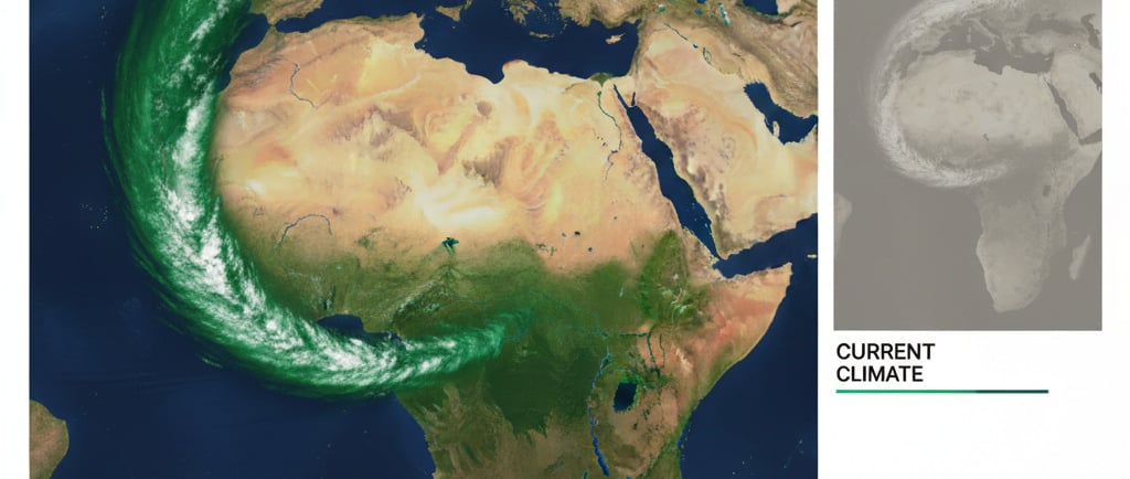 The New Climate: An animated weather map of North Africa, showing swirling green cloud patterns (representing moist 