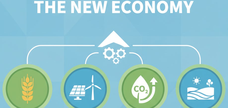 Economic Viability: An infographic with four main icons representing the new economy: a stalk of wheat (Agriculture)