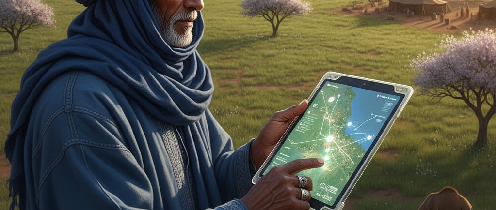 Nomadic Cultures: A poignant image of a Tuareg elder, in traditional dress, looking out over a new green savanna. 