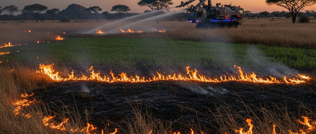 Fire Ecology: A controlled, low-intensity fire moving across a grassy savanna at dusk, managed by a distant, futuristic