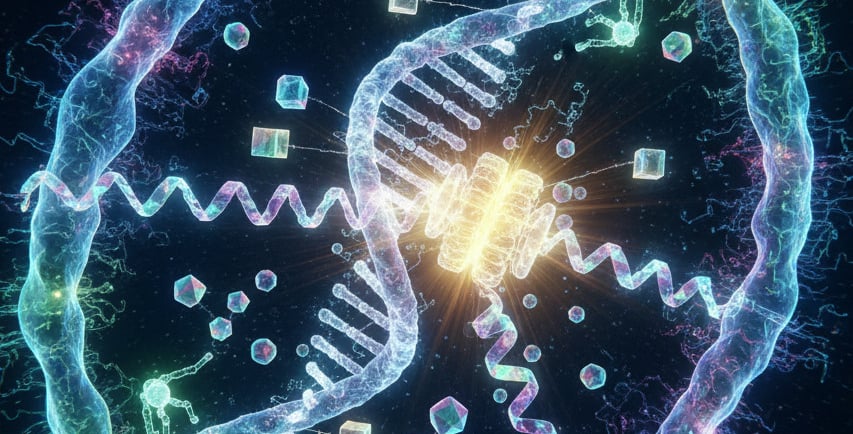 Synthetic Biology: A glowing, abstract representation of a bacterial cell. Inside, a new genetic circuit