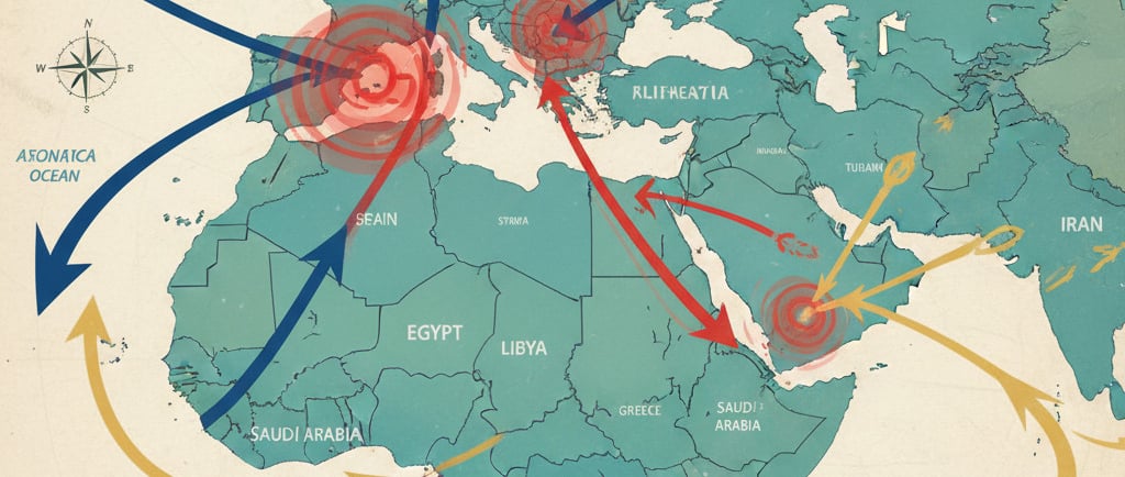 A political map of North Africa, the Mediterranean, and the Middle East. Arrows representing atmospheric moisture 